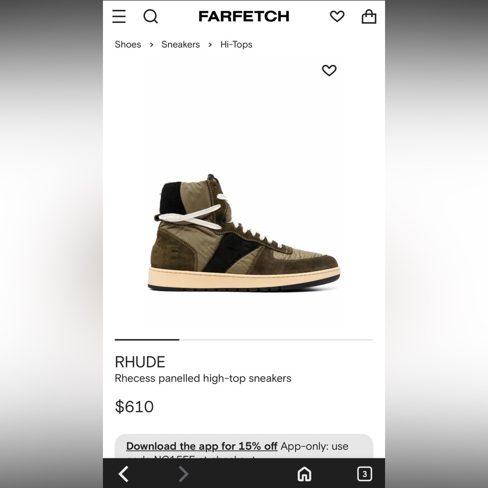 EUC Rhude Rhecess Paneled Hi-Top Sneakers Nylon Suede Olive, 10